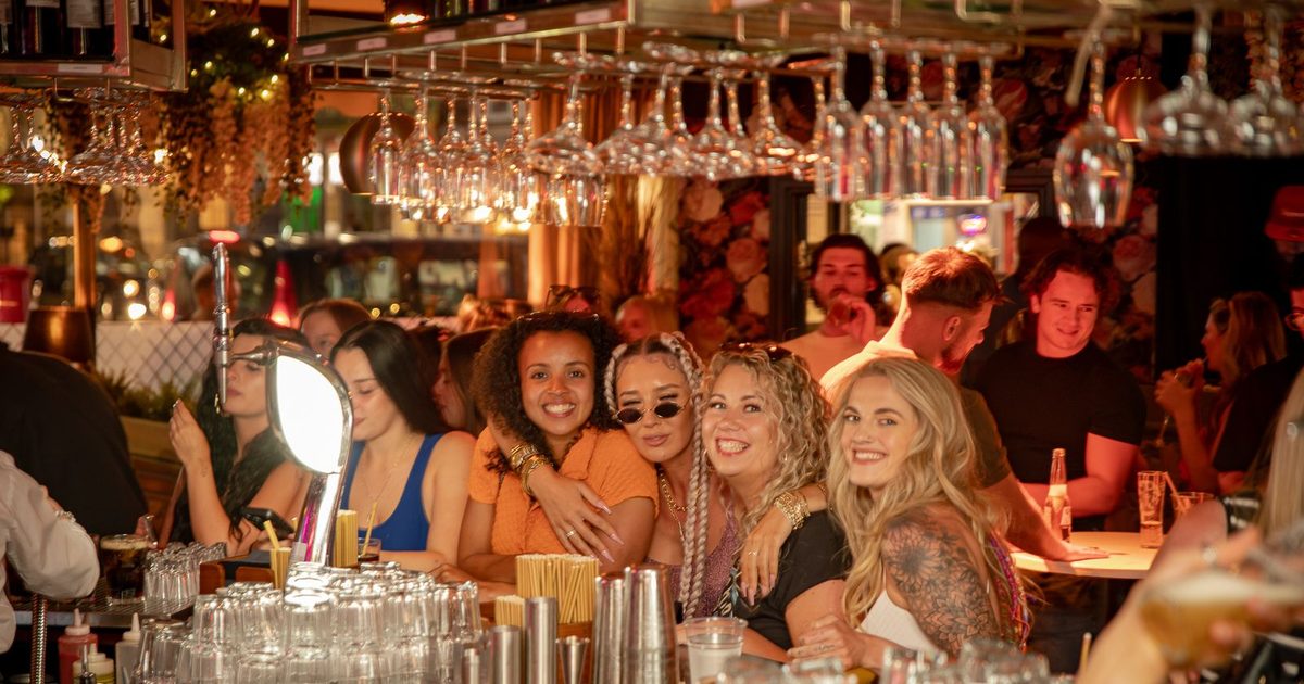 The Baluga bar busy early in the evening, friends together beneath the hanging glassware