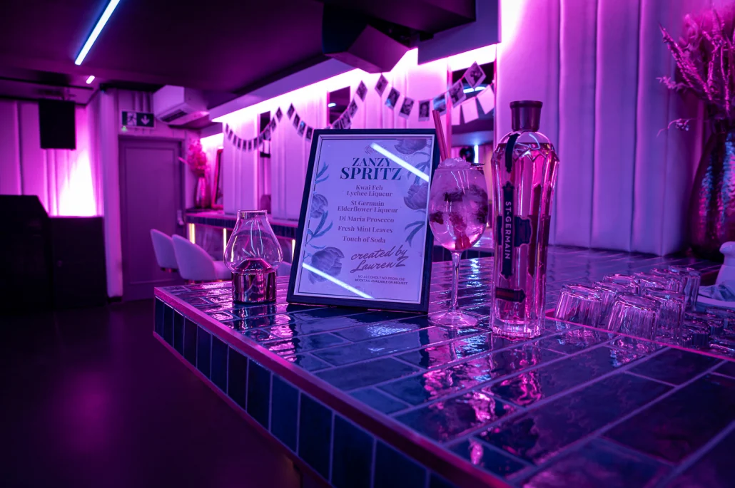 A personalised cocktail menu on the bar